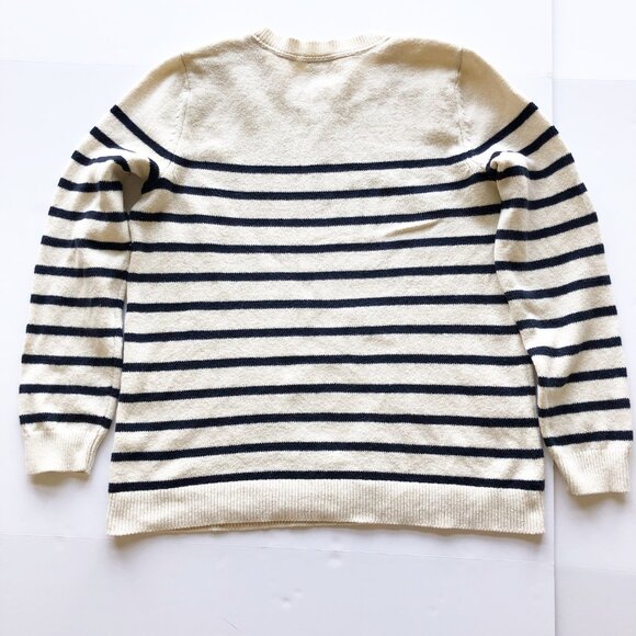 J. JILL Striped White Navy Knit Crew Neck Sweater Button Collar Womens Medium - Picture 4 of 10